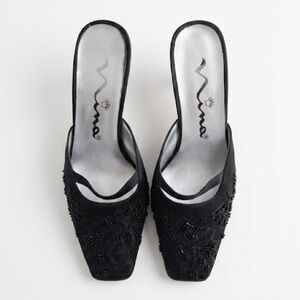 NINA Shoe 7 Beaded Black Leather Sole Elegant Slip-On Mule Vintage Glamour Y2K